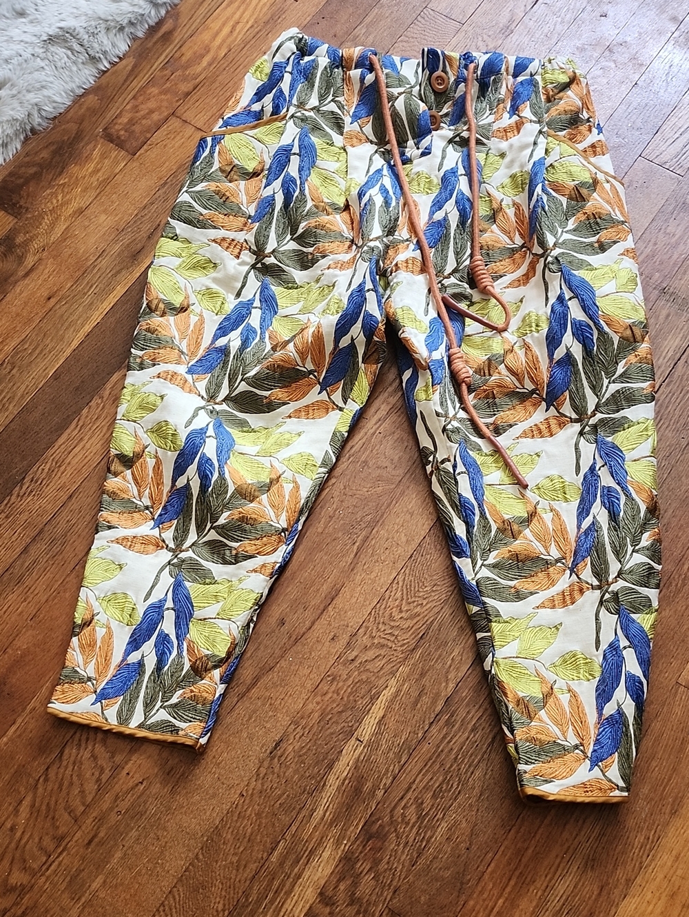 Floral Leaf Print Drawstring Joggers - Multicolor